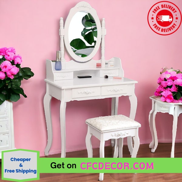 White Vanity Dressing Table Set With Mirror Stool 4 Drawers Makeup Desk Bedroom