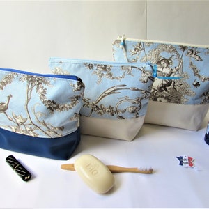Toile de Jouy and imitation leather toiletry bag, Gift for her, handmade in France