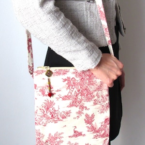 Toile de Jouy red shoulder bag with zipper, 22cm wide, Mother's Day gift, handmade in France