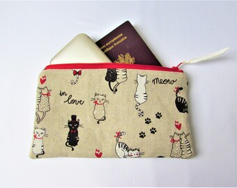 Trousse maquillage tissu chats, Pochette fourre tout, Cadeau fait main fille (2)