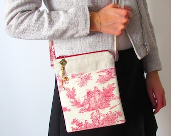 Red Toile de Jouy shoulder bag, 18 cm wide, women's zipped pocket, Mother's Day gift, handmade in France