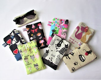 mobile phone or glasses case in cat fabric, waterproof fleece cover, i phone smartphone pocket, gift for her