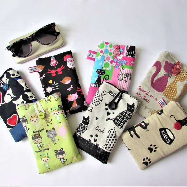 Pochette téléphone tissu chats, Etui molletonné lunettes, Cadeau fait main France (1)(3)