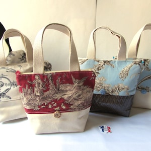 Sac à main zippé en Toile de Jouy vintage et Simili cuir, Sac cabas shopping, Cadeau pour elle fait main, unique gift Made in France (16)