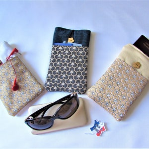 Recycled denim phone pouch with outside pocket, fleecy glasses case, vegan, for her