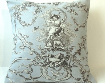 Housse coussin 40x40 cm Toile de Jouy bleue Cadeau fête grands mères fait main