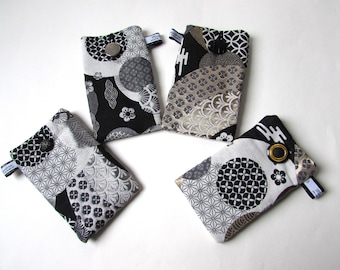 Soft case in black gold or silver graphic Japanese fabric, for mobile phone or glasses