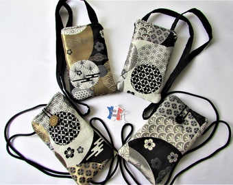 Neck or shoulder pouch for phone in black or silver Japanese fabric
