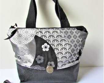 Sac à main zippé en tissu japonisant noir gris doré argenté et simili cuir, Cadeau maman fait main, original mother's gift