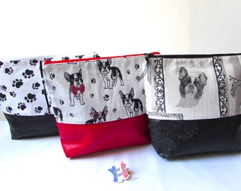 Trousse de toilette Femme homme Tissu chiens bouledogue Simili cuir Cadeau fête des mères fait main (3)(2)