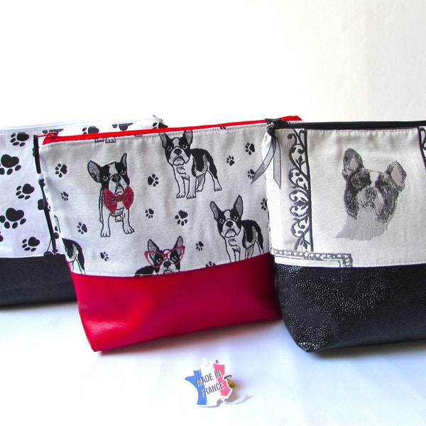 Trousse de toilette Femme homme Tissu chiens bouledogue Simili cuir Cadeau fait main