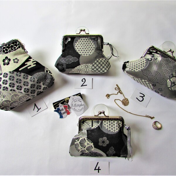 Porte-monnaie rétro fermoir métal  en tissu japonais argenté noir gris Cadeau femme fait main(4)(1)