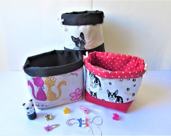 Panier cache-pot  tissu bouledogues ou chats et simili cuir Cadeau fait main