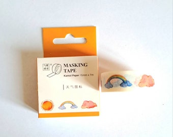 Masking tape, washi tape, ruban adhésif 15 mm x 7 m, thème météo nuage soleil arc-en-ciel