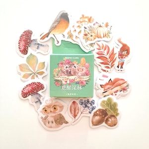 Stickers papiers japonais, fleurs, renards, faons, chouettes, champignons... 46 pièces