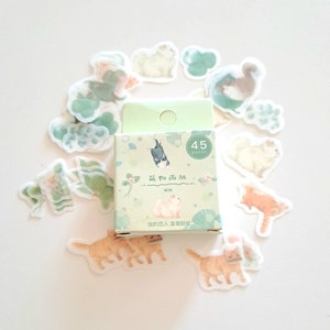 Stickers papiers japonais 45 pièces petit chat fleurs