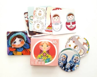 Japanese paper stickers 46 pieces, Russian doll, matriochka