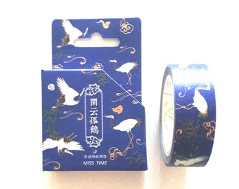 Masking tape, washi tape, ruban adhésif 15 mm x 5 m, dorures,  thème: grues, paysages japonais, bleu marine