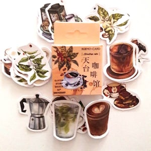 Stickers papiers japonais 45 pièces, motifs café, tasse, cafetière...