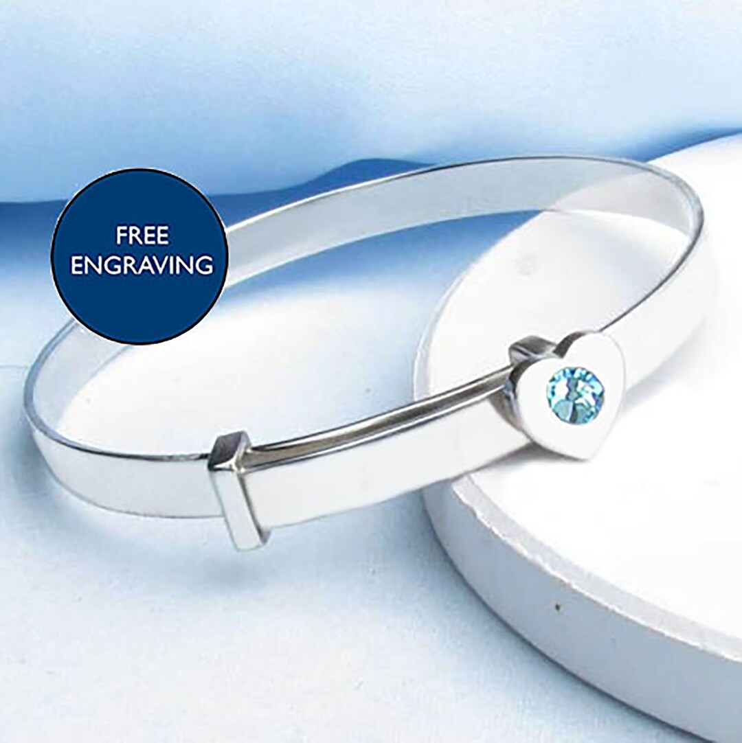 A Silver March Christening Baptism Birthstone Bangle Bracelet Gift, Engraved Sterling Silver