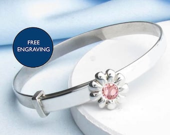 A Christening October Birthstone Flower Bangle- Girls Pink  Birthstone Bangle/Bracelet, Ladies October Birthstone Bangle/Bracelet