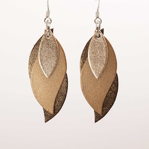 Australian made leather leaf earrings - rose gold, matte rose gold, bronze. Hypoallergenic hooks, light weight, leather dangle earrings.