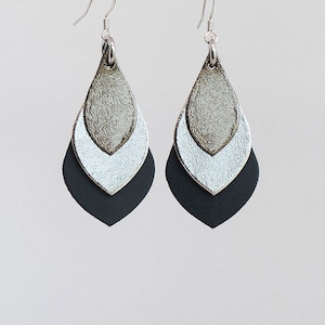 Handmade lightweight Australian leather teardrop earrings - pewter, silver, dark navy