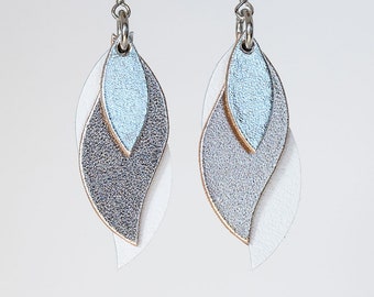 Handmade light weight Australian leather leaf earrings - Silver, rose gold, pearl white