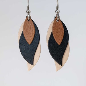 Australian made leather leaf earrings - brown, black, beige. Hypoallergenic hooks, light weight, leather dangle earrings.