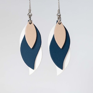 Australian made leather leaf earrings - beige, blue, white. Hypoallergenic hooks, light weight, leather dangle earrings.