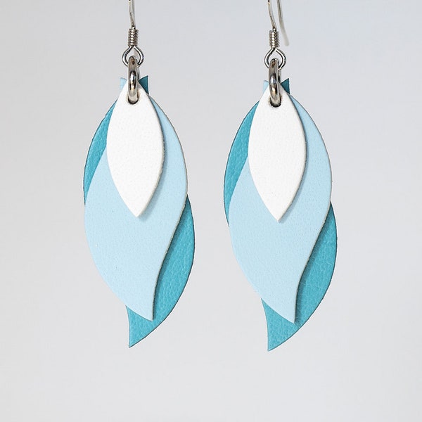 Australian made leather leaf earrings - White, powder blue, blue. Hypoallergenic hooks, light weight earrings, leather dangle earrings.