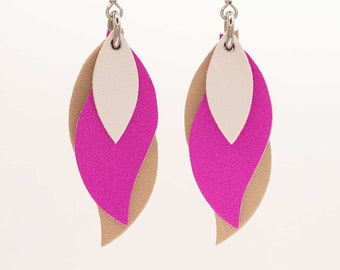 Australian made leather leaf earrings - white, hot pink, beige. Hypoallergenic hooks, light weight earrings, leather dangle earrings.