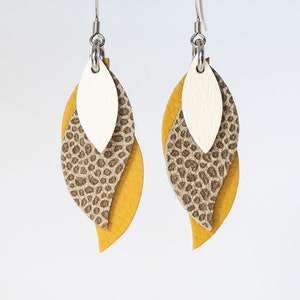 Handmade light weight Australian leather leaf earrings - cream, animal print, mustard yellow
