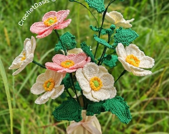 ENGLISH CROCHET PATTERN Japanese Anemone Flower, Icelandic Poppy, crochet flower pattern, Crochet Flower Bouquet,  pdf, instant download