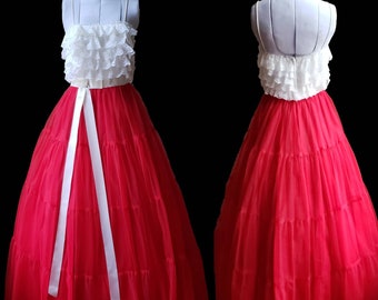 Vintage Prom Dress Vintage 70s Red Chiffon and White Lace Southern Belle Dress