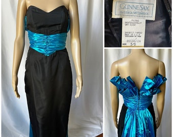 80s Prom Dress Black Gunne Sax Blue Lamè Ruffles Size XS/S