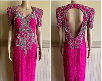 Vintage Prom Dress 90s Hot Pink Silver Sequins and Beading Size 12