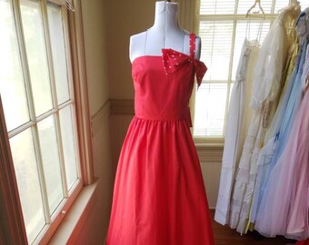 70s Prom Dress Vintage Red White Polka Dot One Shoulder Deadstock