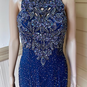 Vintage Y2K Blue Beaded Sequined Prom Dress 90s