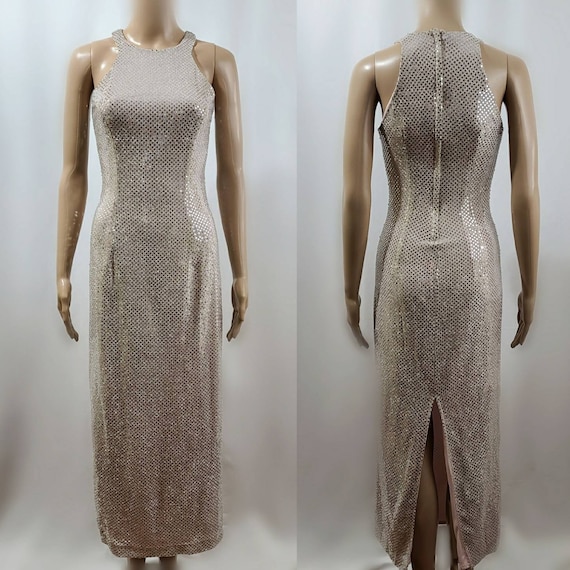 90s Prom Dress Vintage  Rose Gold  Sequins Bodyco… - image 1