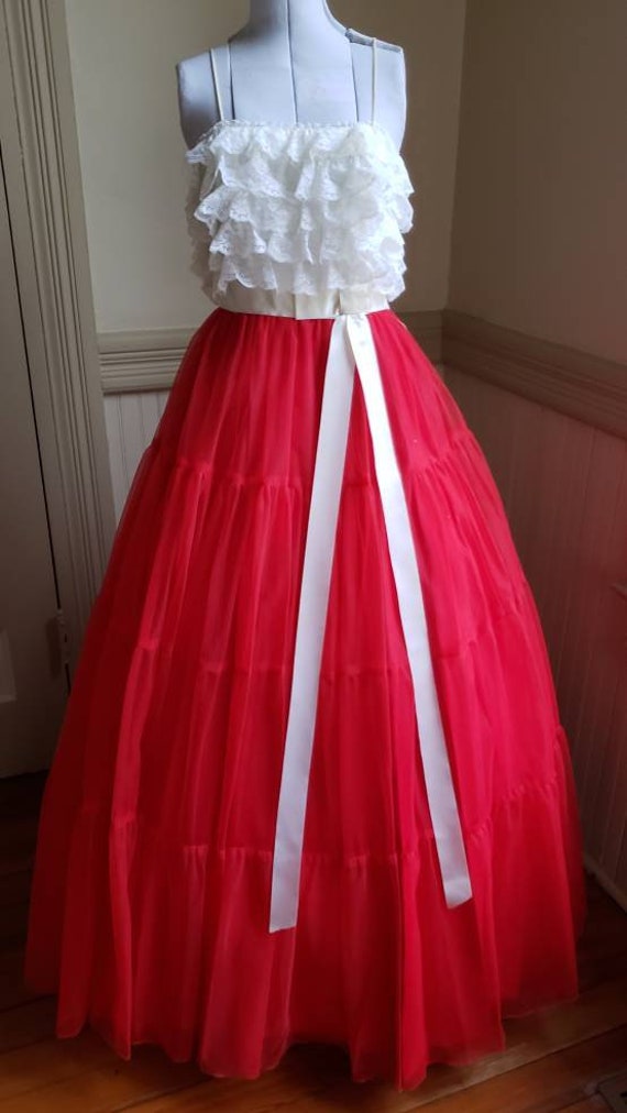Vintage 70s Red Chiffon Prom Dress: White Lace Southern Belle Gown