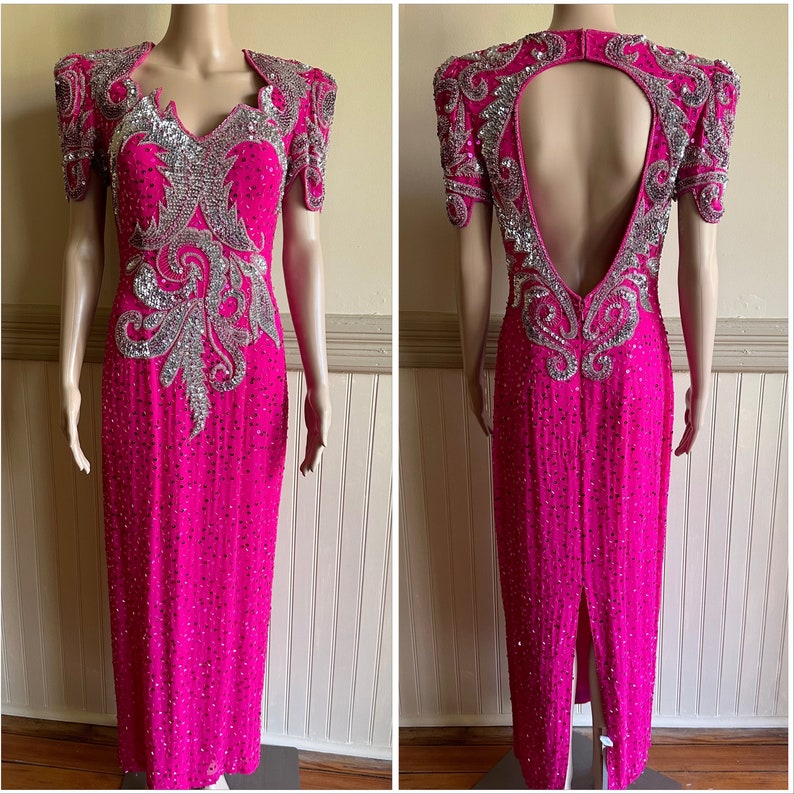 90s Beaded Hot Pink Dress (M)