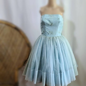 Vintage 50s Prom Dress: Baby Blue Embroidered Satin Chiffon
