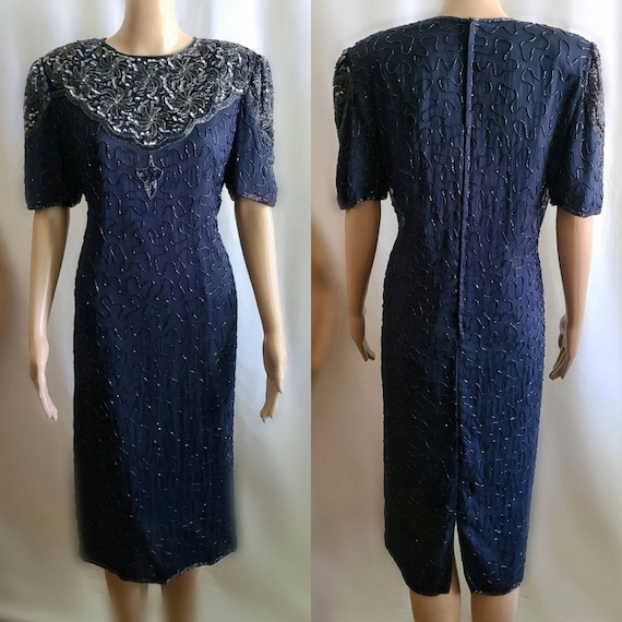 90s Prom Dress / Vintage Prom Dress / Navy and Sil