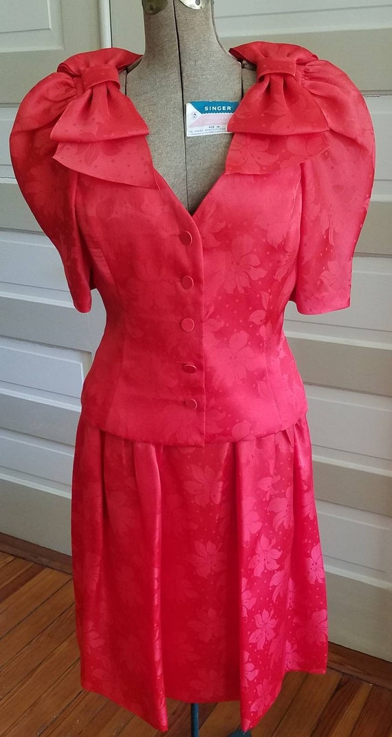 80s Adele Simpson / SALE / Red Silk Skirt Suit /