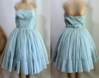 50s Prom Dress / Vintage Prom Dress / Baby Blue / Embroidered Satin / Knee Length / Full Chiffon Shirt / 50s Cupcake Dress