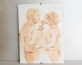 Aquarelle encadrée - couple à la rose