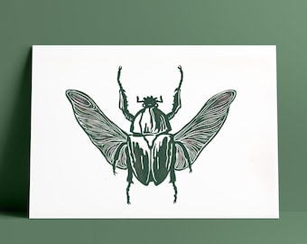 Linograbado de un escarabajo rosa dorado - edición limitada de 100 copias - ilustración de insecto, póster, decoración, regalo - lámina artística