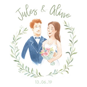 Gepersonaliseerde illustratie - portret van een stel voor een huwelijksaankondiging of cadeau - aquarelschets, met de hand geschilderd