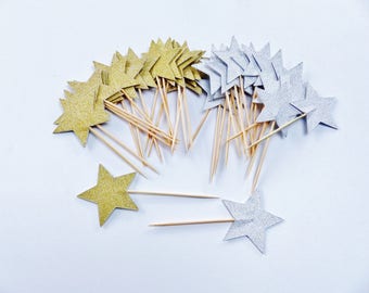 18 pic alimentaire étoile paillettes or ou argent doré argenté pique apéritif petit four gateau topper cupcake décoration table buffet fête